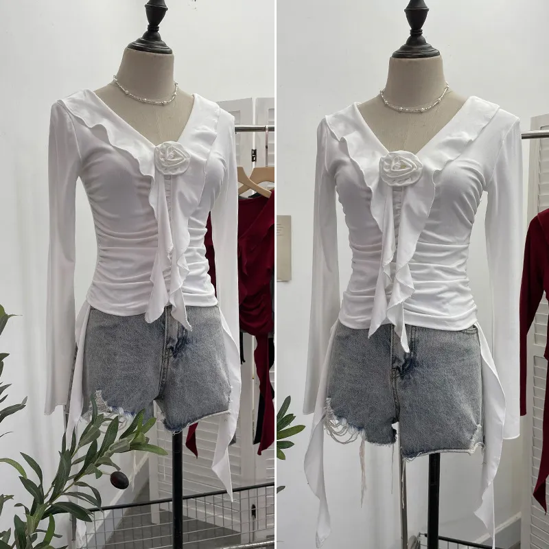Uveng Han's New V-Neck Flower Irregular Lotus Leaf Edge Ribbon Slim Thin T-Shirt Short Top 1227