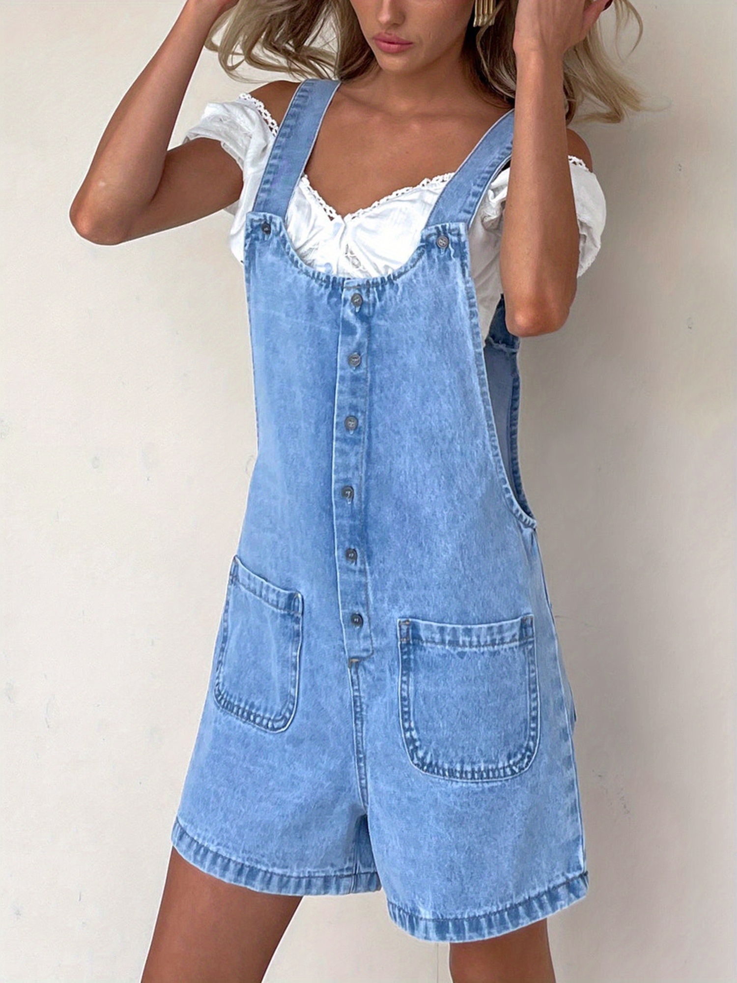 Solid Color Baggy Denim Bib Overalls Shorts Women Jean Button Jumpsuit Romper Pants