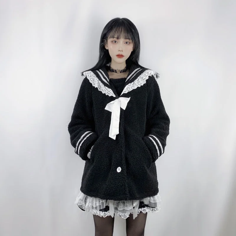 S-XXL Harajuku Wool Gothic Black Navy Collar Cardigan SP17753