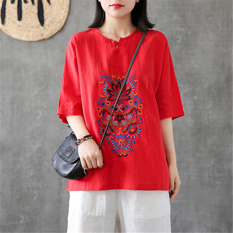 Women Blouse Plus size 100% Cotton Linen Blouse Vintage Short sleeve Summer Embroidery Tops Shirt Ladies Casual White Red Yellow
