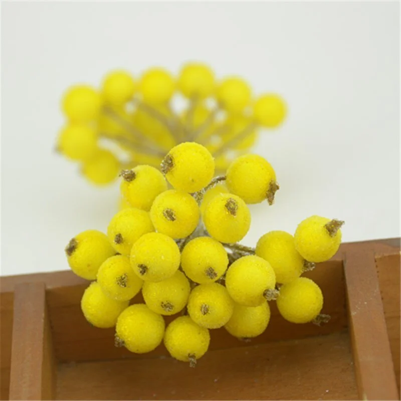 20pcs Mini Double Heads Artificial Glass Berries Pomegranate Red Cherry Bouquet Stamen Christmas Decorative DIY Craft Fake Fruit