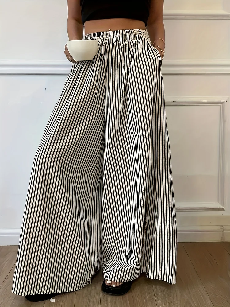 Women's Wide Leg Pants - Striped Pattern, Polyester, Elastic Waist & Pockets - Spring/Summer Casual Wear | Loose Fit & Comfortable | Smooth Fabric & Machine Washable