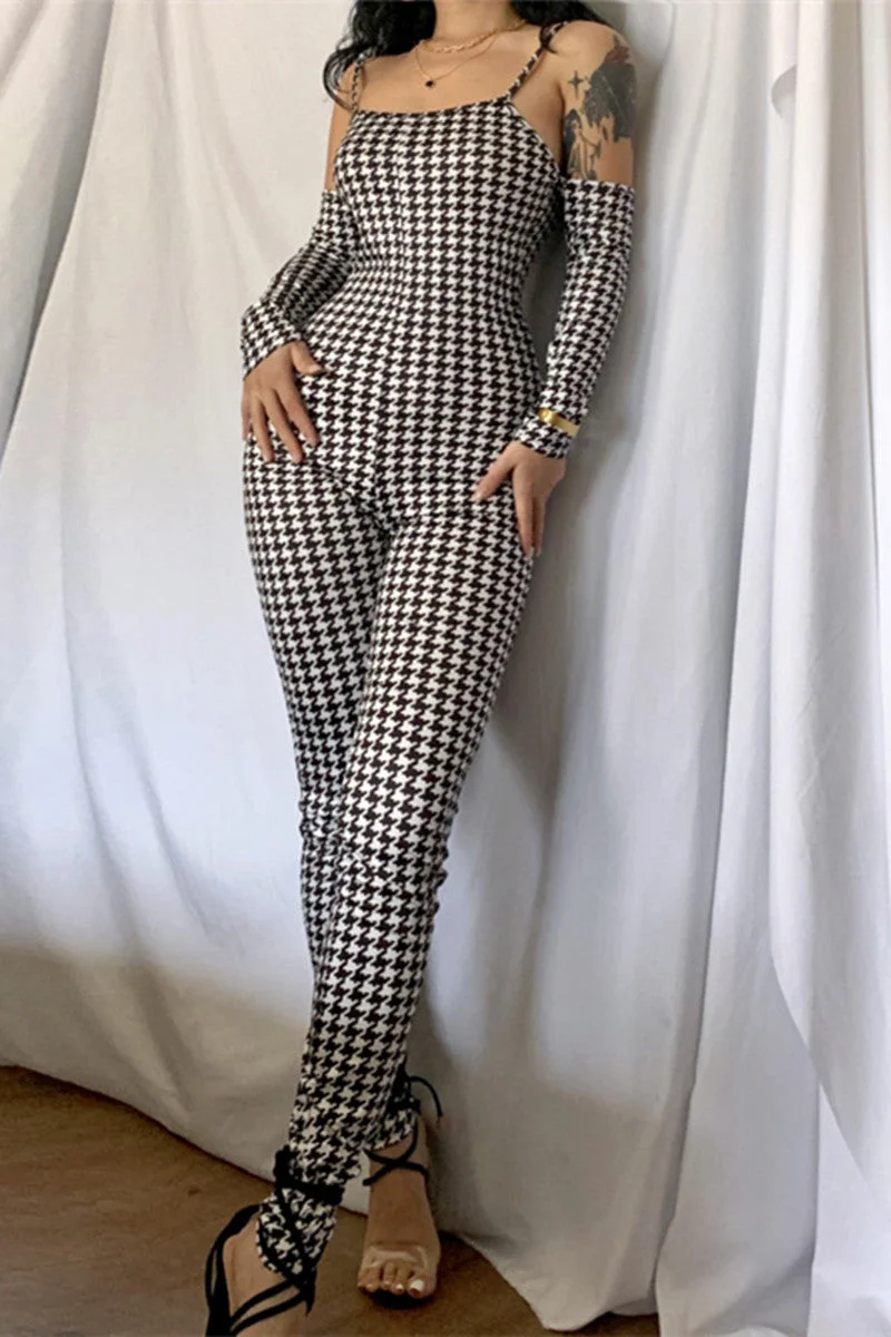 Fashion Sexy Print Backless Square Collar Skinny Jumpsuits