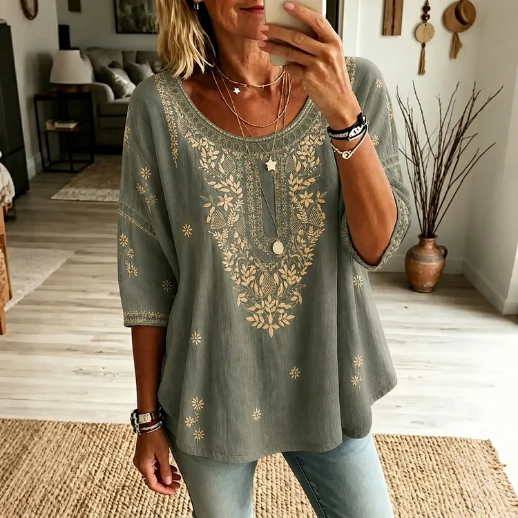 Women's Retro Ethnic Floral Art Print Crew Neck Linen Blend T-shirt