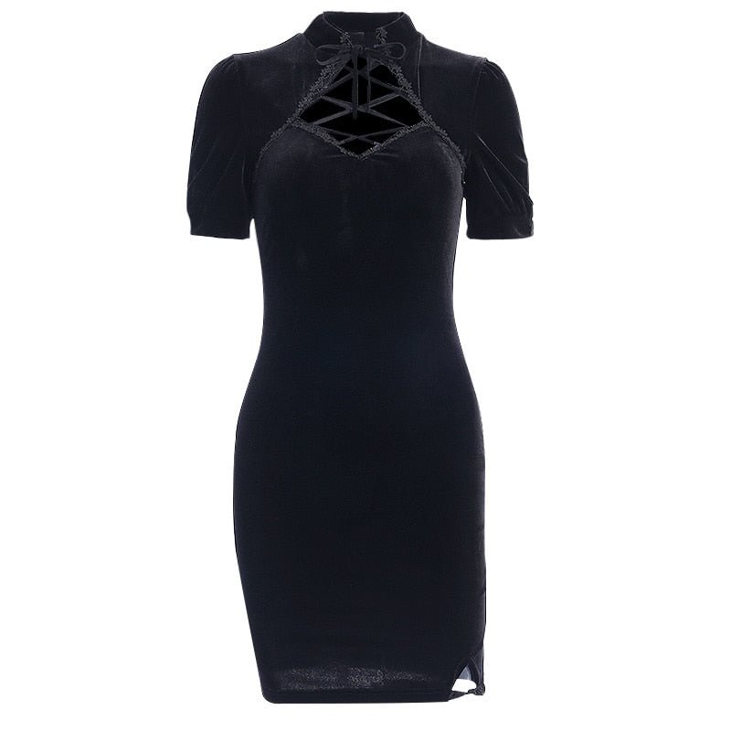 InsGoth Retro Bandage Black Short Sleeve Mini Dress Women Gothic Streetwear Female Dress Elegent Vintage Party Dress