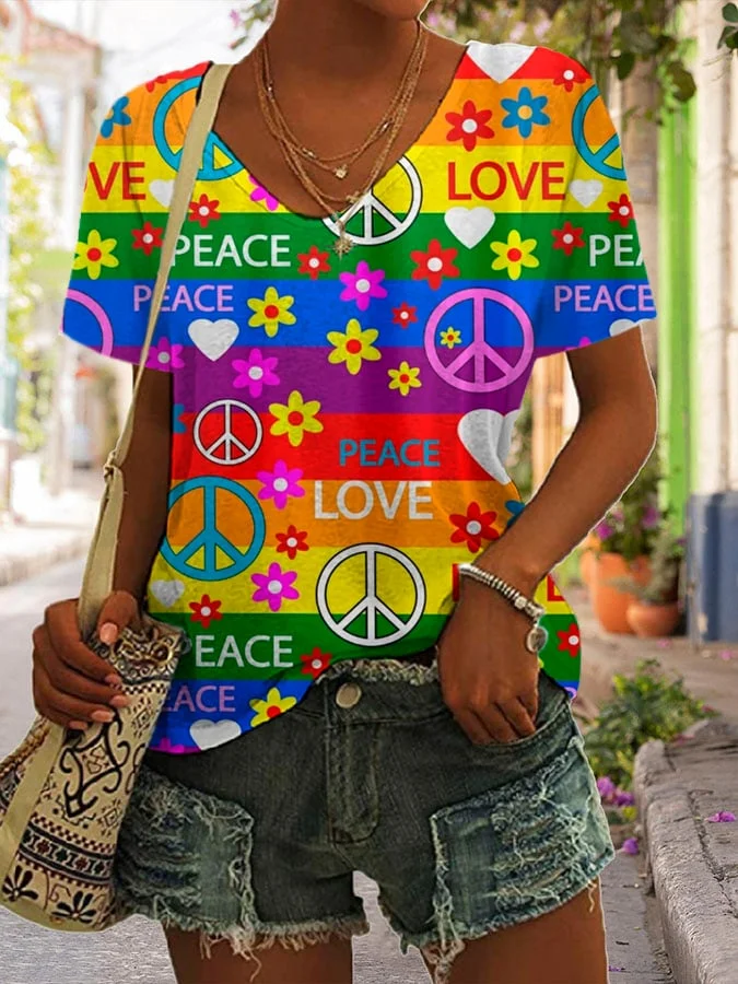 Women's Hippie Peac Love Print Casual T-Shirt