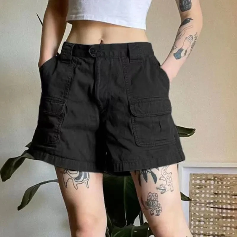 Thingsroom 2025 Y2k Vintage Streetwear Cargo Denim Shorts Women American Retro Harajuku Solid Loose Jeans Casual Pocket 2025 Summer Chic