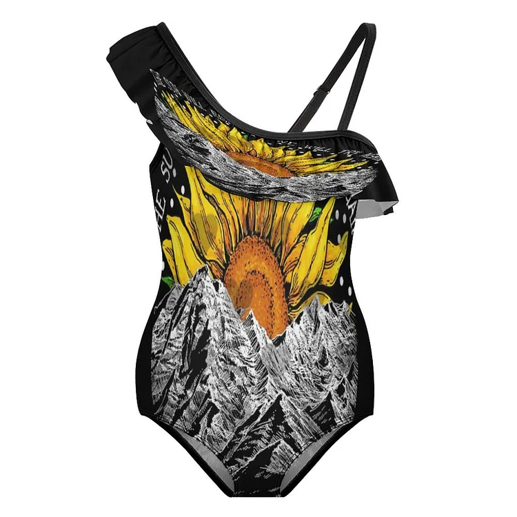 Floundered One-piece Swimsuit for Girls Oil Painting, Flowers, Wood Engraving