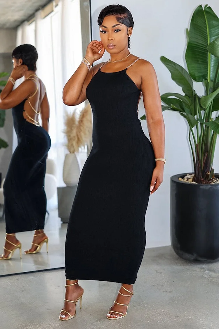 Diamante Straps Backless Formal Party Maxi Cami Dresses-Black [Pre Order]