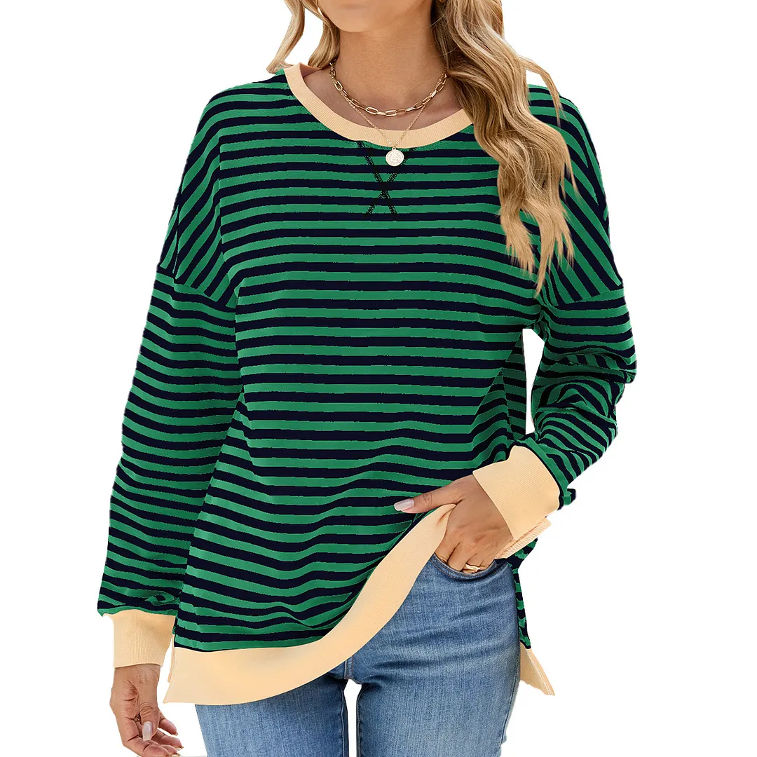 Churchf Churchf New 2024 Round Collar Stripe Splicing Split Loose Hoodie Top