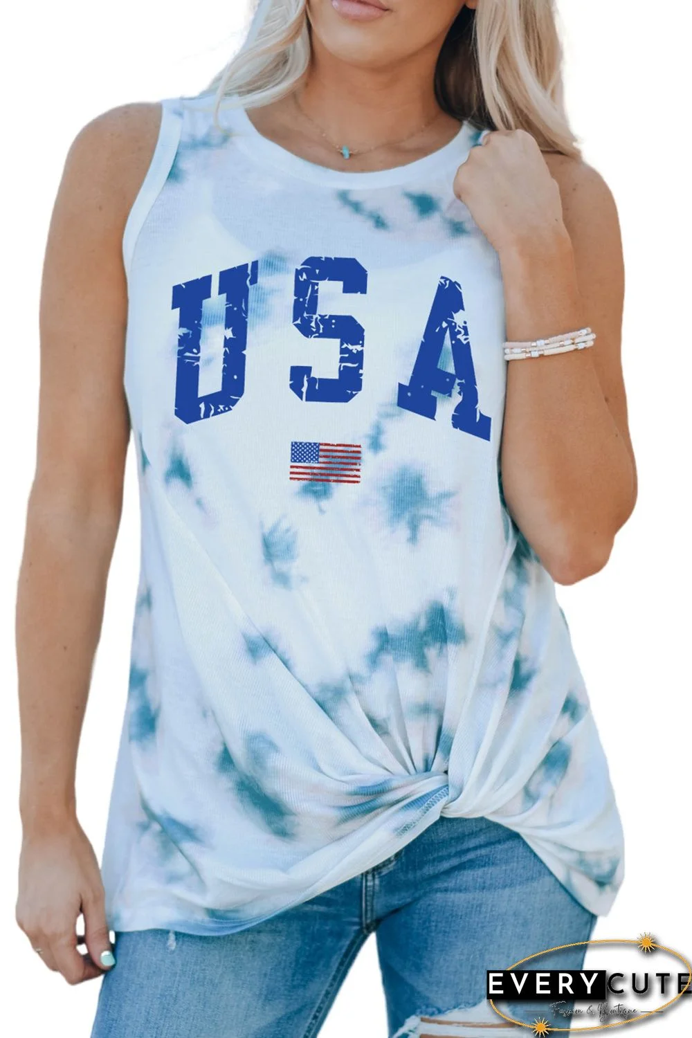 White USA Flag Tie Dye Print Twist Knot Ribbed Tank Top