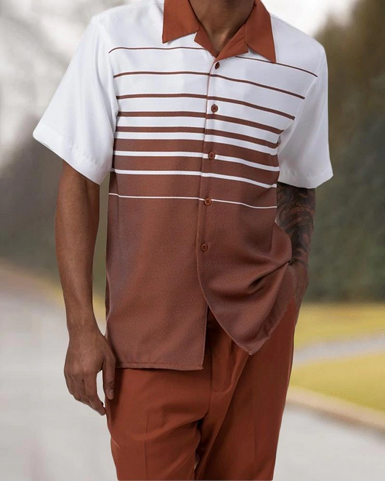 Short Sleeve Print Walking Suit Set With Long Pants