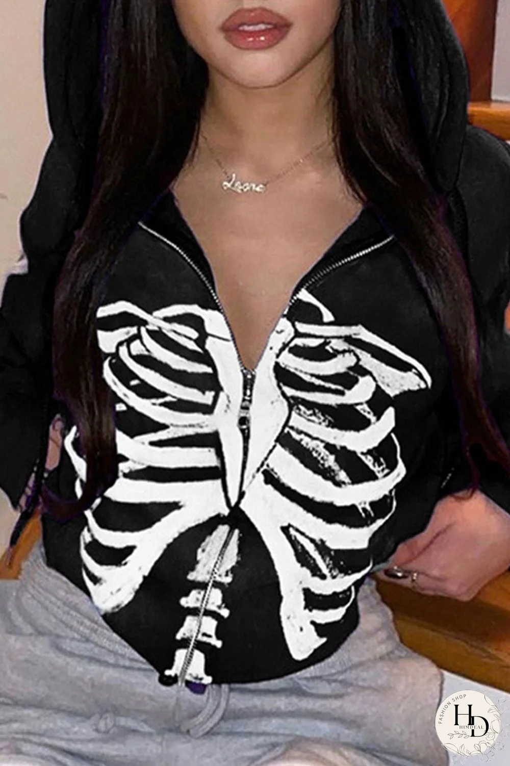 Red Street Print Split Joint Zipper Hooded Collar Outerwear