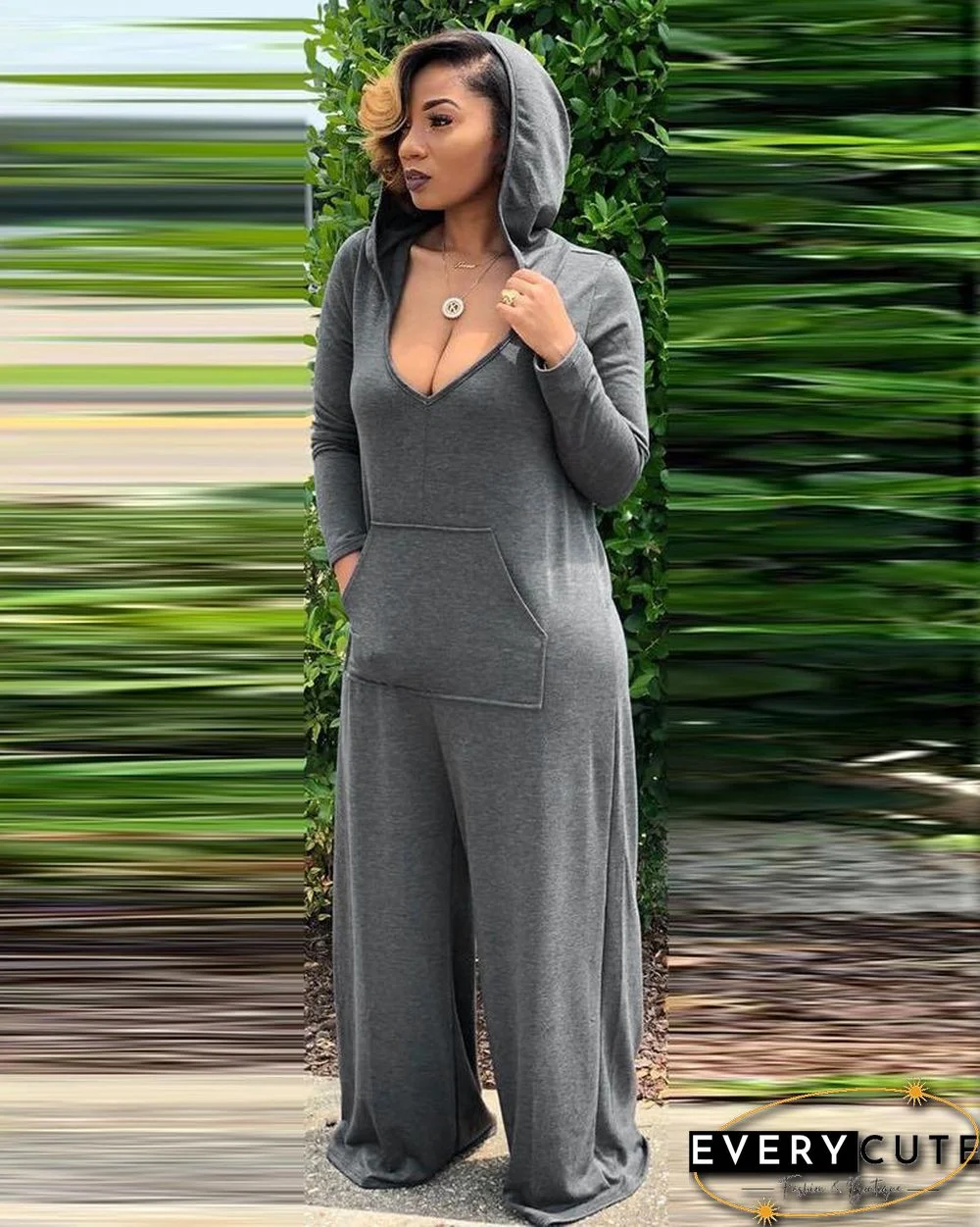 Pocket Design Long Sleeve Wide Leg Hooded Jumpsuit