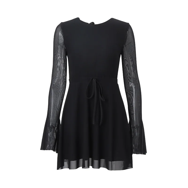 Uveng Uveng 2023 New Women's Ins Hot Girl Park Caiying With The Same Temperament Round Collar Horn Long Sleeve Gauze Dress