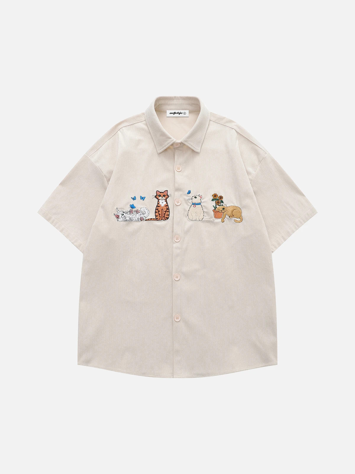 Apricot Act Chic Vintage Cat Embroidery Corduroy Shirt Front