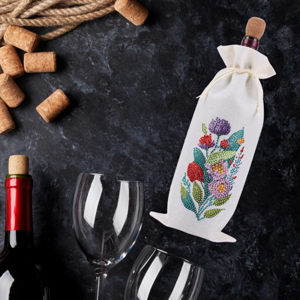 DIY Flower Diamond Painting Burlap Wine Gift Bags Label Liquor Bottle Covers