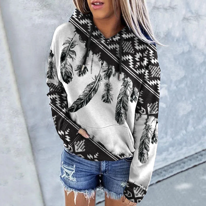 Casual Western Feather Print Hoodie