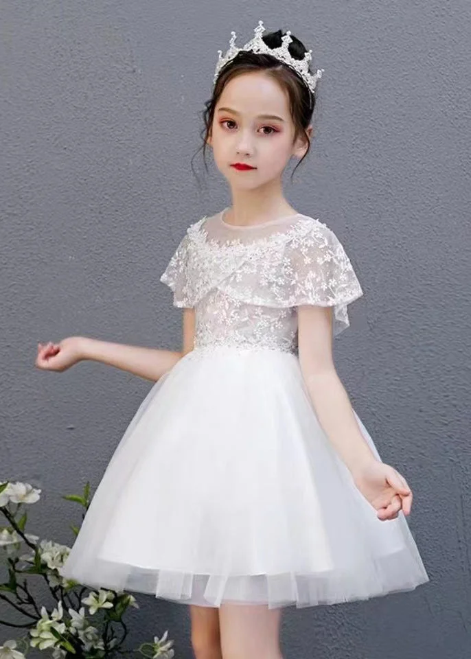 Fashion White O-Neck Embroideried Floral Tulle Kids Mid Dress Summer