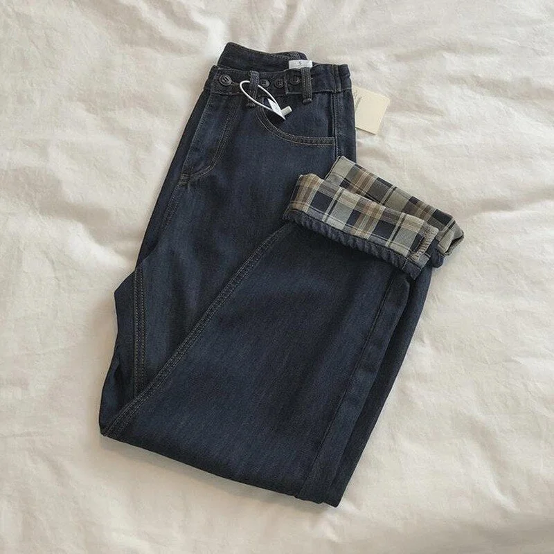 Jeans Women Trendy Students High Waisted Spring Pocket Female Loose Straight Casual Full Length Denim Trouser All-match Simple