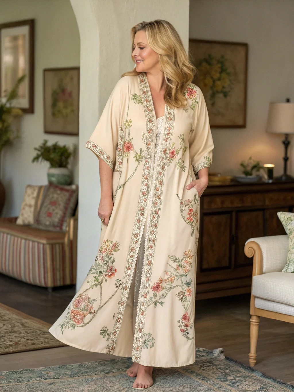 Beige Retro Flower Print Cardigan Robe