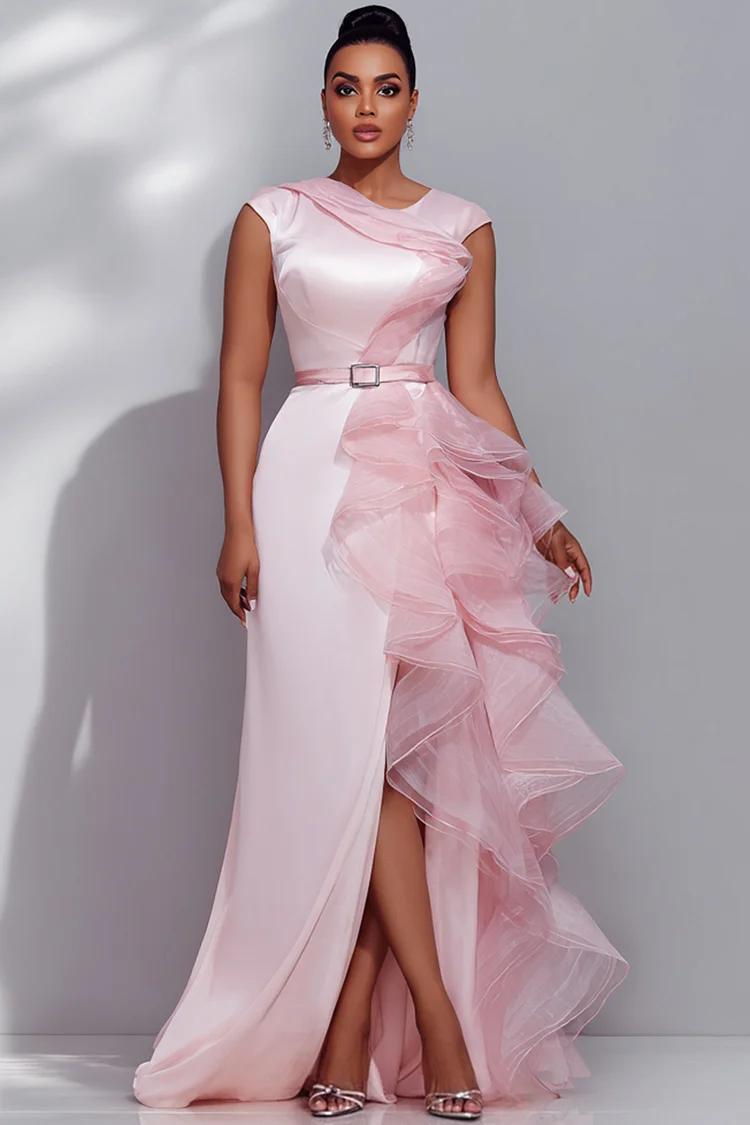 Xpluswear Design Plus Size Formal Organza Pink Round Neck Cap Sleeve Short Sleeve Ruffle Split Satin Maxi Dresses [Pre-Order] 2024 - Xpluswear
