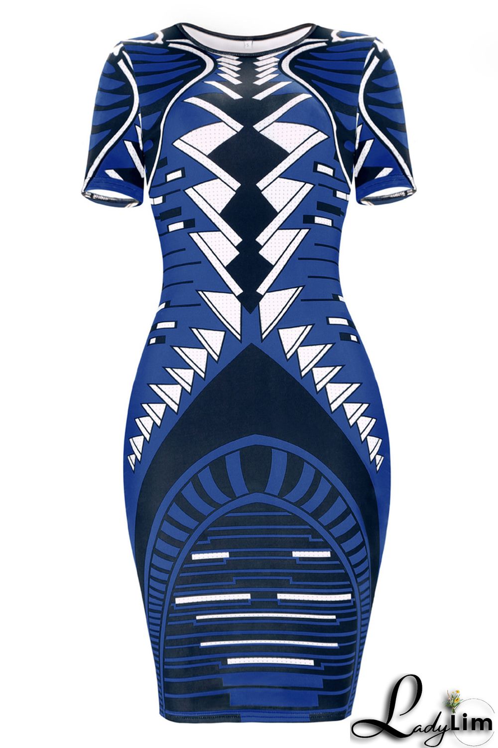 Blue Fashion Casual Print Basic O Neck Short Sleeve Dress