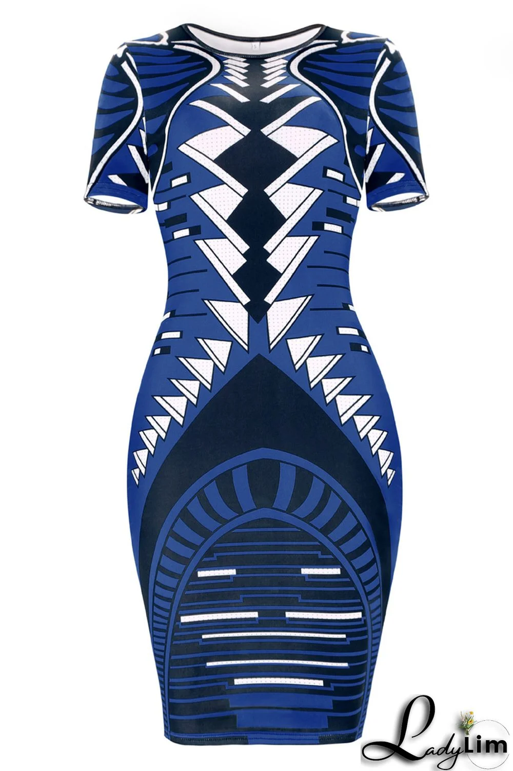 Blue Fashion Casual Print Basic O Neck Short Sleeve Dress