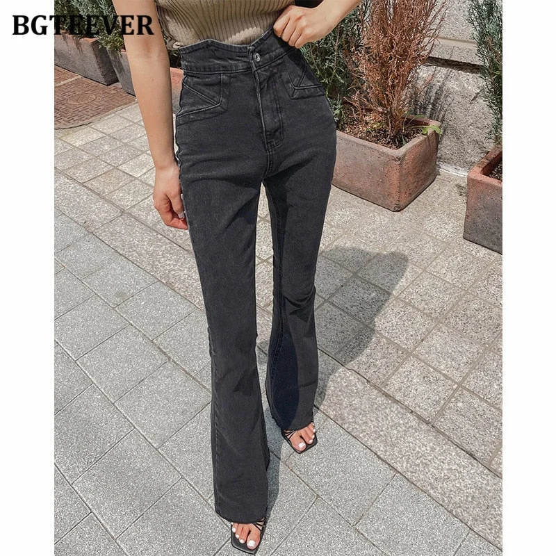 BGTEEVER New Autumn Winter Stylish Women Flare Jeans High Waist Button Ladies Pant Stretched Casual Female Denim Trousers 2021