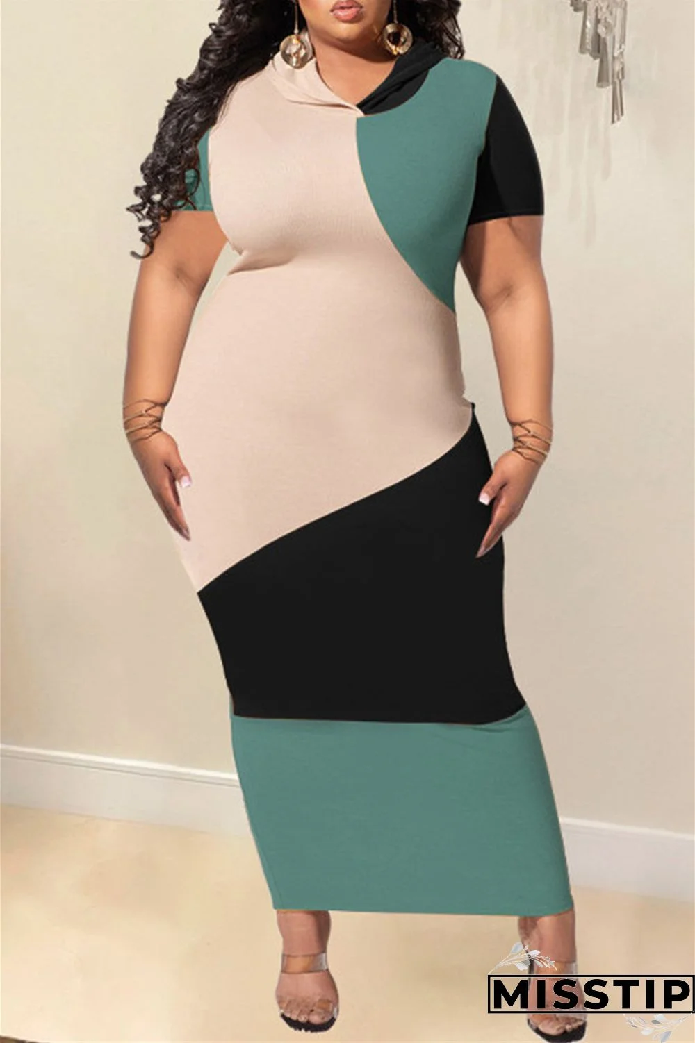 Black Fashion Casual Solid Patchwork Hooded Collar Short Sleeve Dress Plus Size Dresses