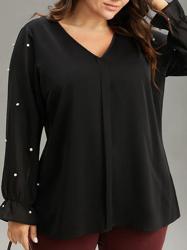 Beaded Elasticity Patchwork Flared Sleeves Long Sleeves V-Neck Blouses&Shirts Tops