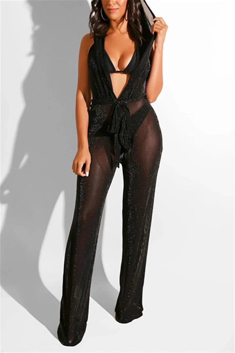Fashion Sexy Backless V-collar Capped Jumpsuits