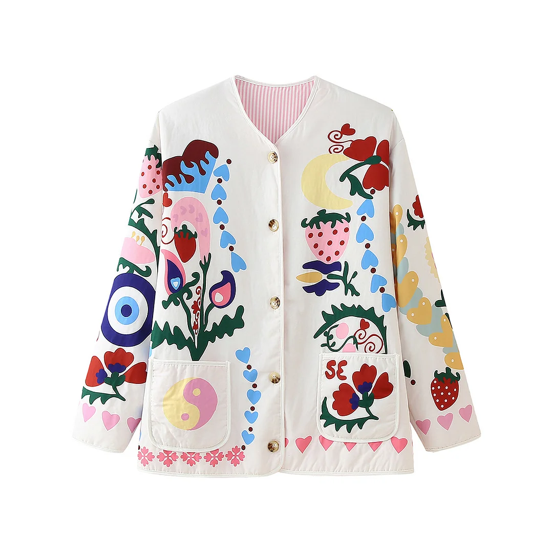 Woherb Woherb Sense Retro Hotgirl Patchwork Print Pocket Padded Jacket Loose Versatile Casual Jacket-Outfit Ideas