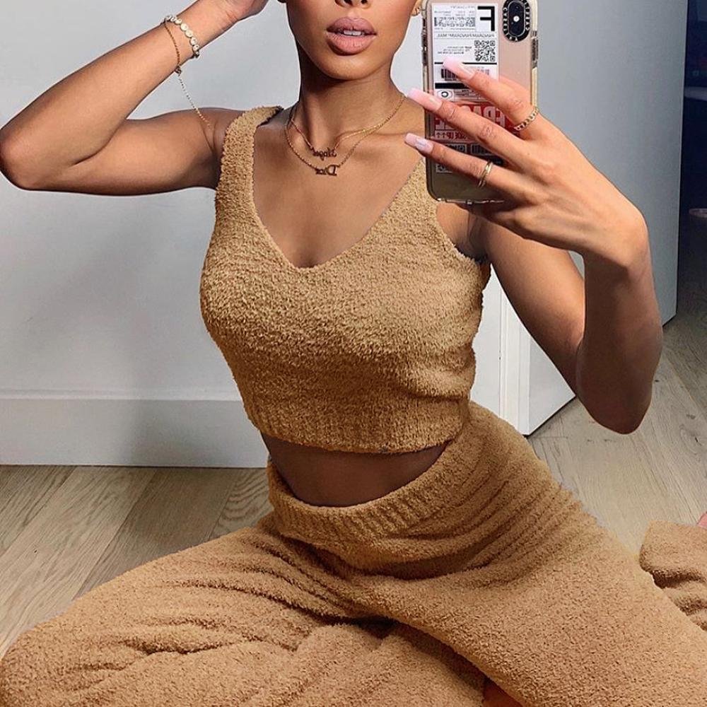Cryptographic Fur Two Piece Outfits Sexy Backless Crop Tops Women Outfits Matching Set Top and High Waist Pants Party Clubwear