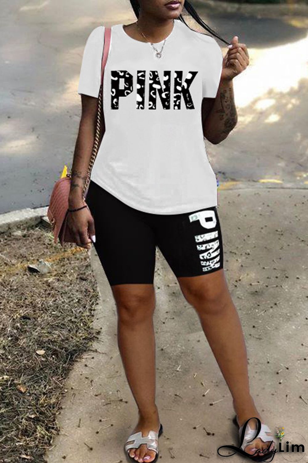 Rose Red Fashion Casual Letter Print Patchwork O Neck Short Sleeve Plus Size Two Pieces