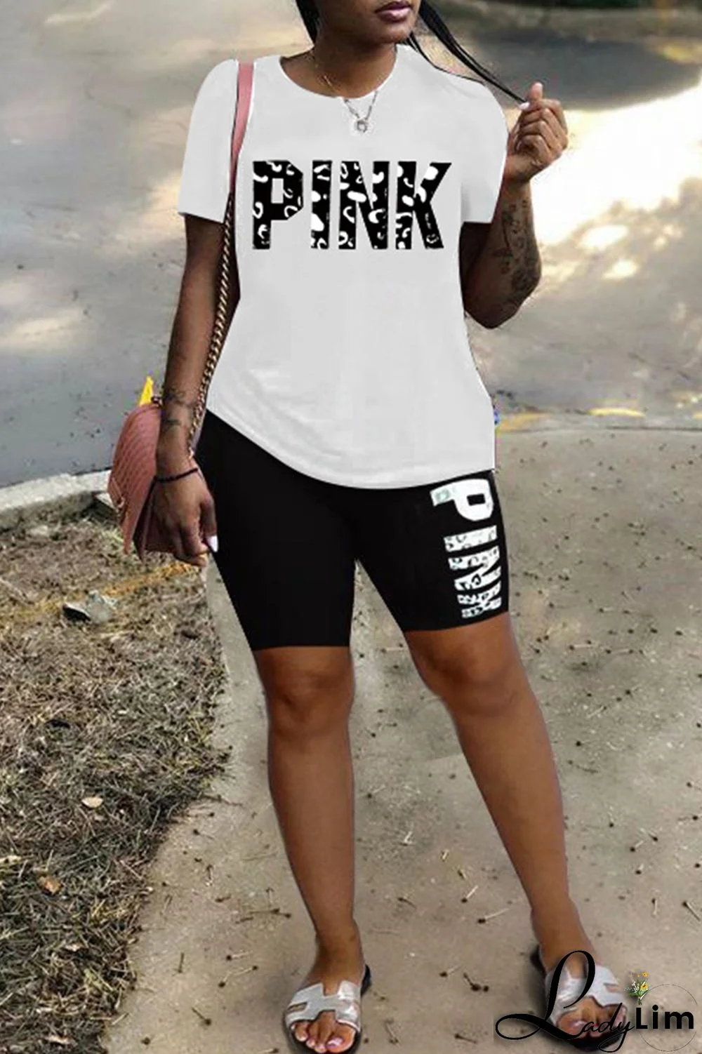 Rose Red Fashion Casual Letter Print Patchwork O Neck Short Sleeve Plus Size Two Pieces