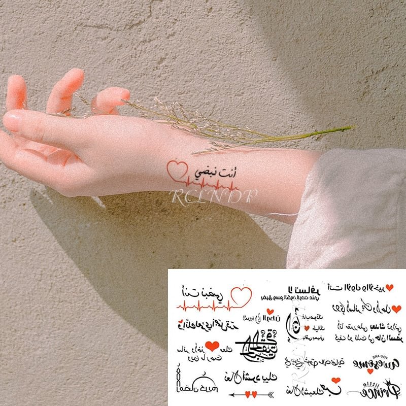 Waterproof Temporary Tattoo Sticker Arabic Letter Heartbeat Heart Love Pattern Personality Fake Tatoo Flash Tatto for Women Men
