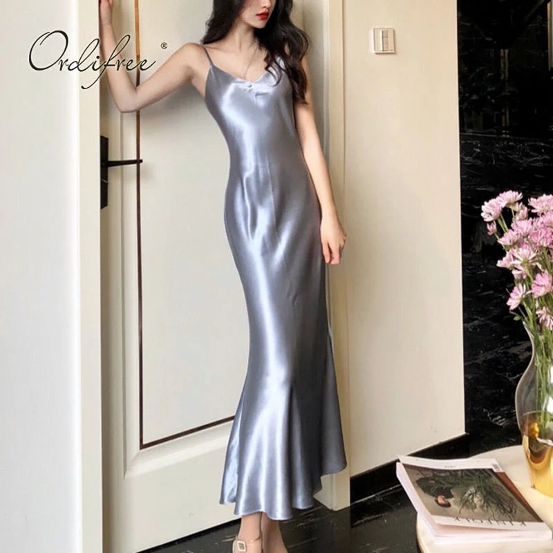 Ordifree 2022 Summer Women Long Satin Slip Dress Spaghetti Strap Party Dress Vintage Pink Gold Black Silk Sexy Maxi Dress