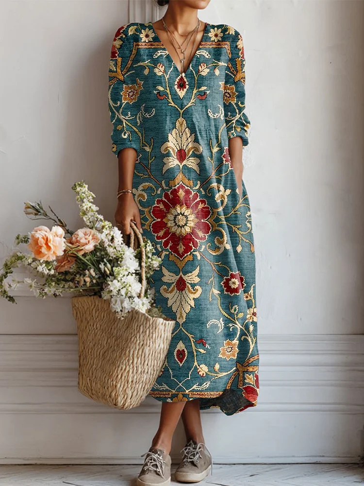 Women's Vintage Flower Art Print Linen Pocket Tunic Dress