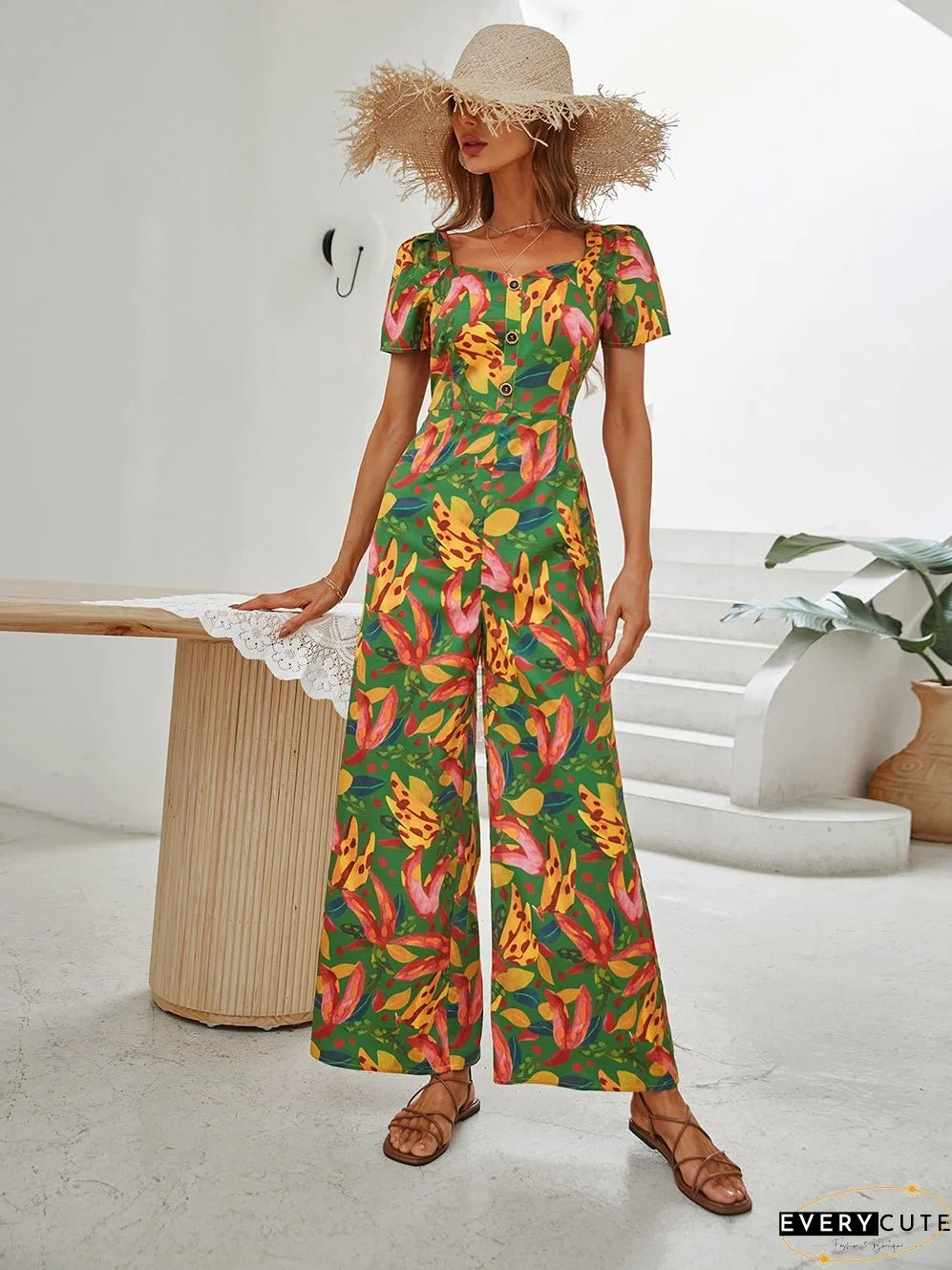 Short Sleeve Straight Pants Slim Long Ladies Jumpsuit
