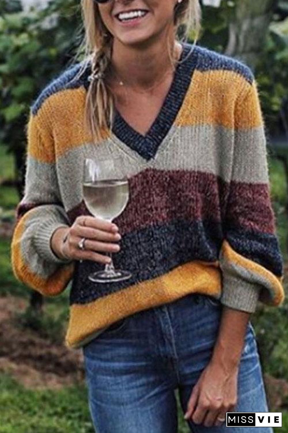 V Neck Patchwork Striped Sweaters