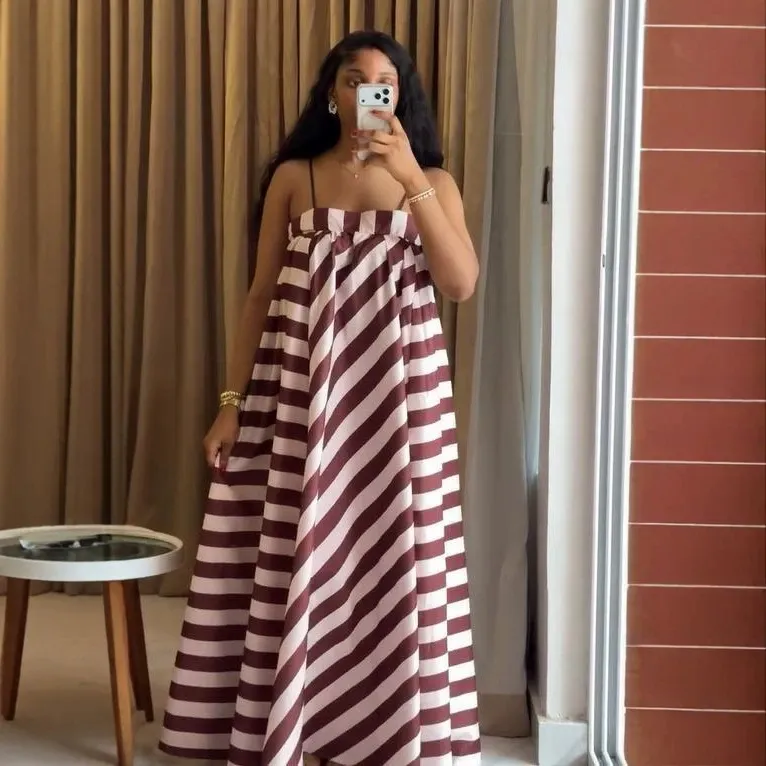 Diagonal Stripe Off Shoulder Spaghetti Strap Maxi Dress Loose Flowy Casual Campus Daily Dress