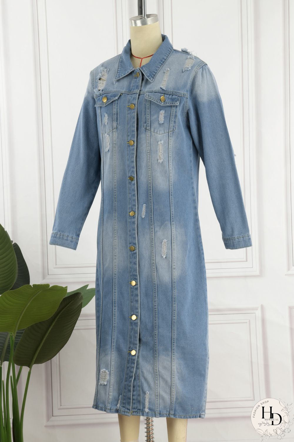 Deep Blue Casual Solid Ripped Patchwork Turndown Collar Long Sleeve Regular Denim Jacket