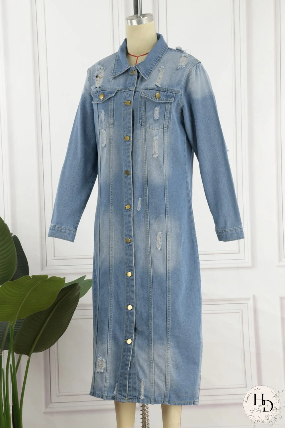 Deep Blue Casual Solid Ripped Patchwork Turndown Collar Long Sleeve Regular Denim Jacket