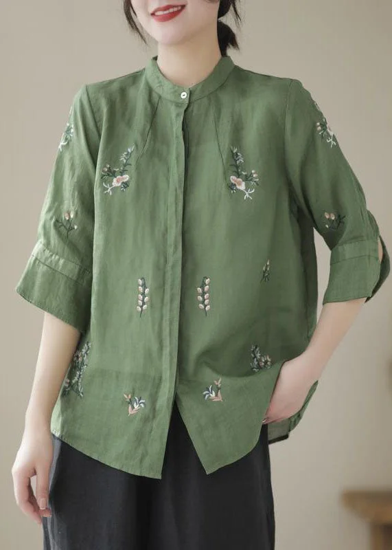 Women Green Stand Collar Embroideried Patchwork Linen Tops Summer
