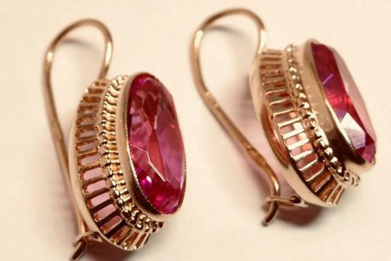 Antique Metal Gold Plated Inlaid Red Glass Hook Earrings for Women Travel Party Wear
