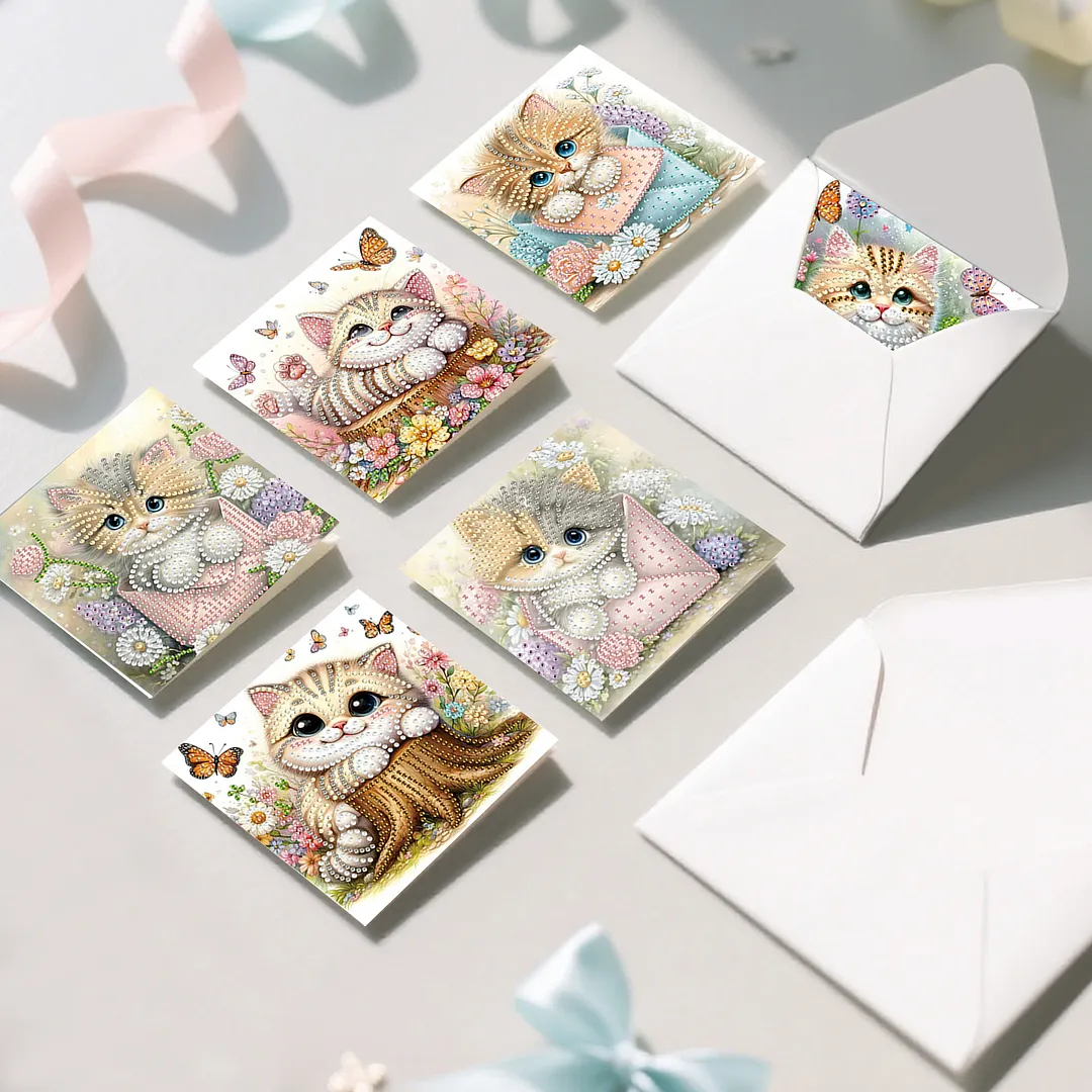 6pcs Cat And Flower Pattern DIY Diamond Painting Greeting Card Set with Envelope Diamond Painting Daily Wishing Cards for Birthdays Thanksgiving & Special Occasion