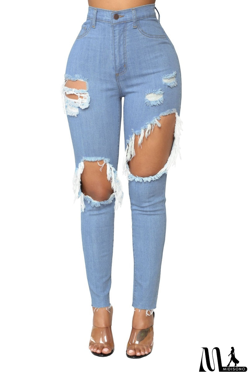 MidiSono - Sexy Hole high waist jeans Women Fashion Ripped Pencil denim jeans ladies Summer Casaul skinny jeans calca jeans boyfriend jeans