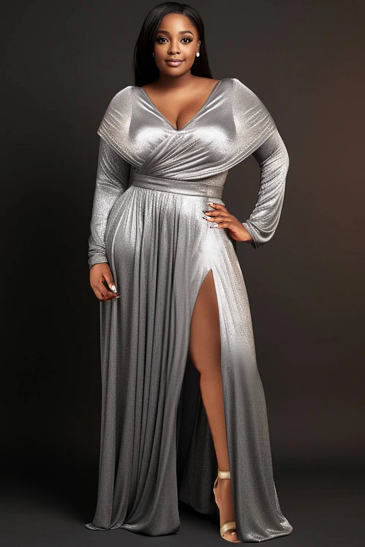 Plus size silver dresses with sleeves hotsell