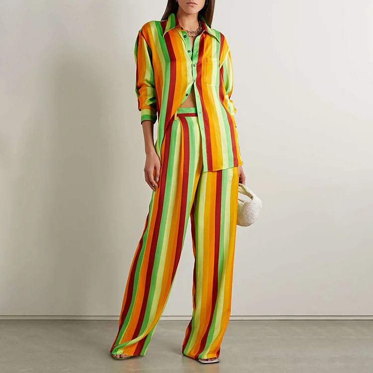 Fashion Simple Stripes Color Block Shirt Two Piece Set